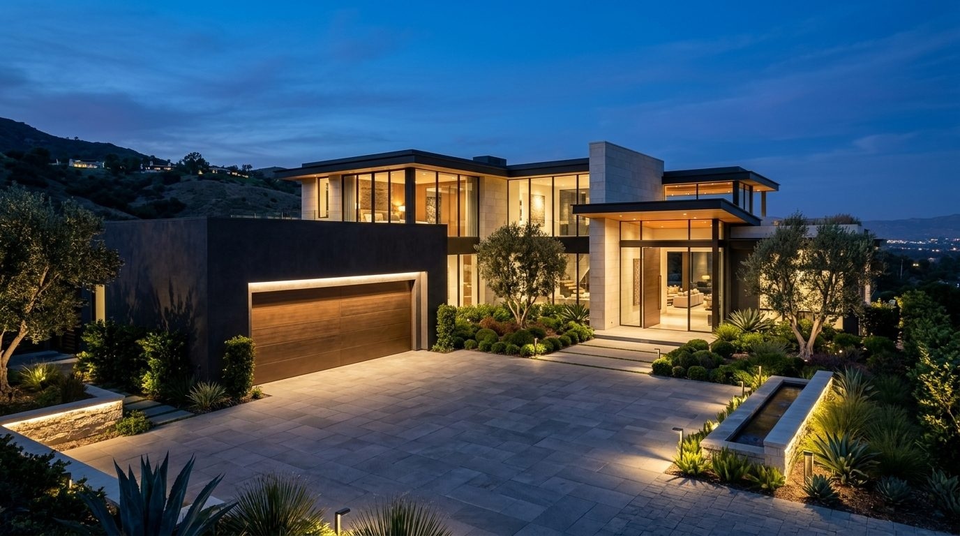 Smart Garage Door Repair Tariq Exterior Closed Garage Door at Twilight